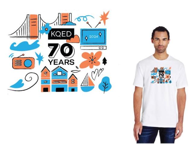 A person in a white shirt with blue and orange local landmarks on the chest and KQED 70 years written in the middle.