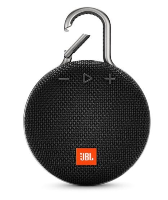 A black speaker with a silver carabiner top