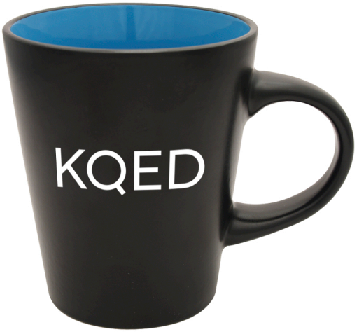 A black mug with KQED written on it in white letters and a light blue interior.