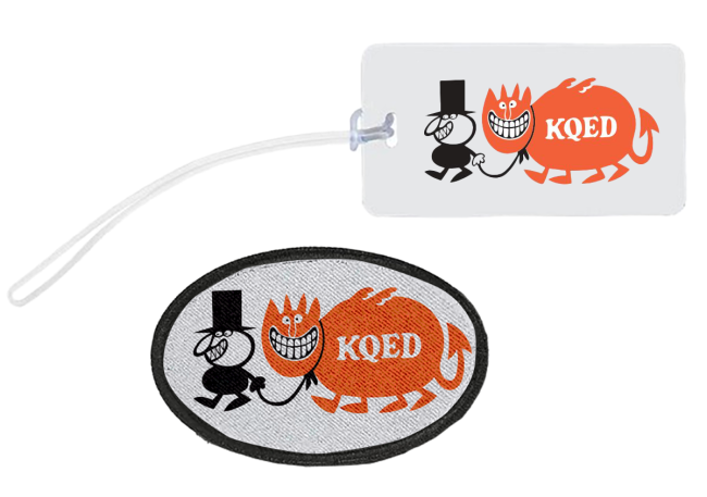 A white rectangular luggage tag and an oval patch both featuring a man in a tall top hat and an orange monster that says KQED.