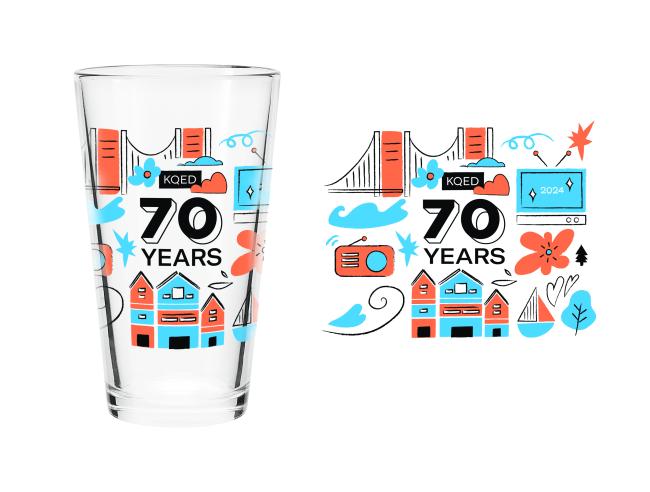 A pint glass featuring blue and orange local landmarks with KQED 70 years written in the middle.