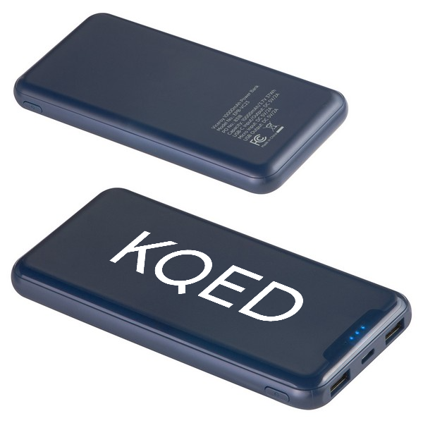 A navy blue rectangular power bank with KQED written on it in large white letters.