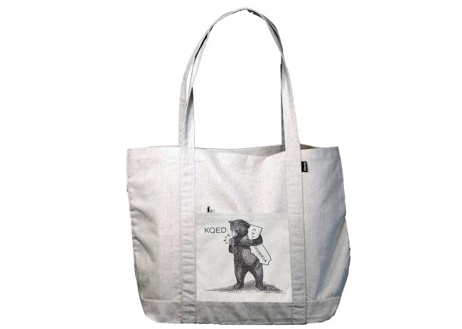 A hemp bag with a bear image in the center.