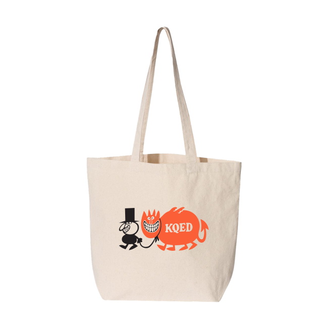 A canvas tote bag with an image of a man in a tall top hat leading an orange monster with KQED written on it.